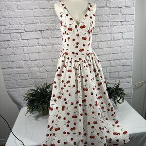 Koton White Cherry Print V-Neck Fit and Flare Midi Dress EU 40 US M NWT